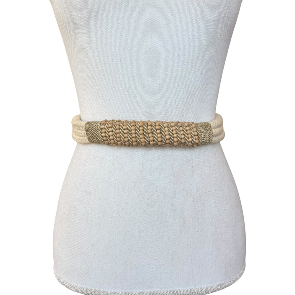 Womens Boho Braided Rope Belt Wooden Bead Accents Gold Metallic Tie Waist Cream